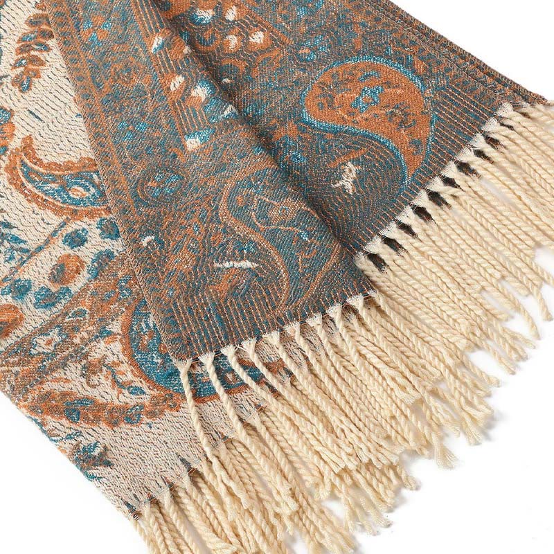 Chal de otoño-invierno suave y acogedor con borlas, hojas, flores de anacardo tibetanas , Buddha Stones y vid