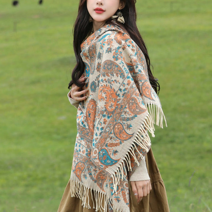 Chal de otoño-invierno suave y acogedor con borlas, hojas, flores de anacardo tibetanas , Buddha Stones y vid - image 17