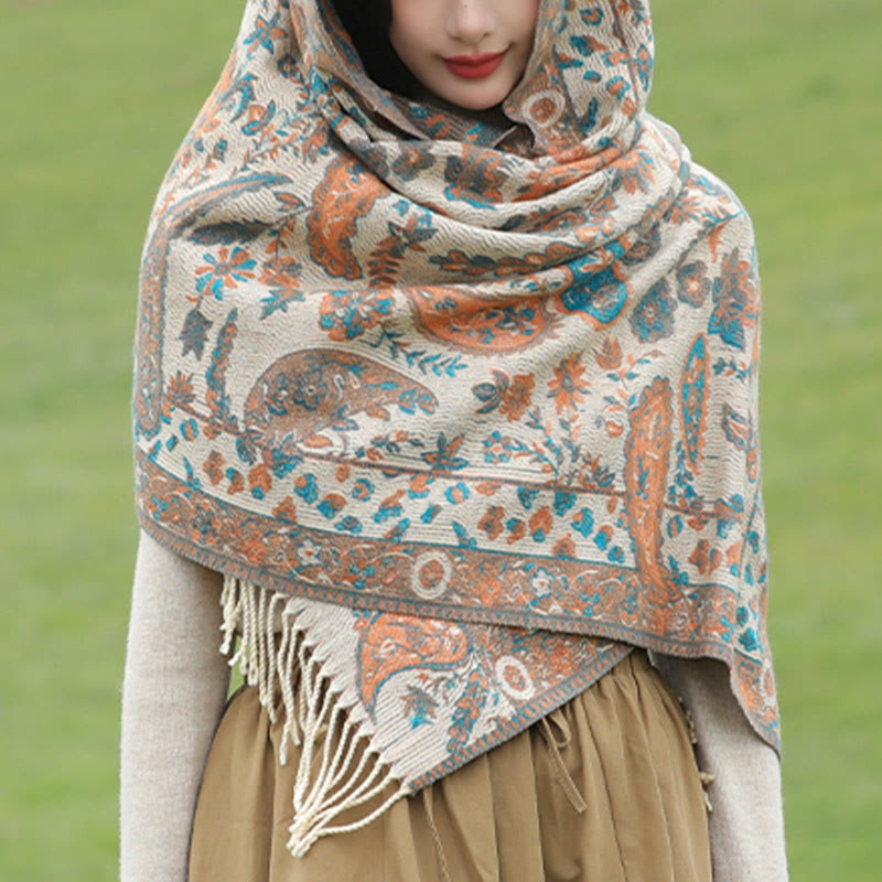 Chal de otoño-invierno suave y acogedor con borlas, hojas, flores de anacardo tibetanas , Buddha Stones y vid