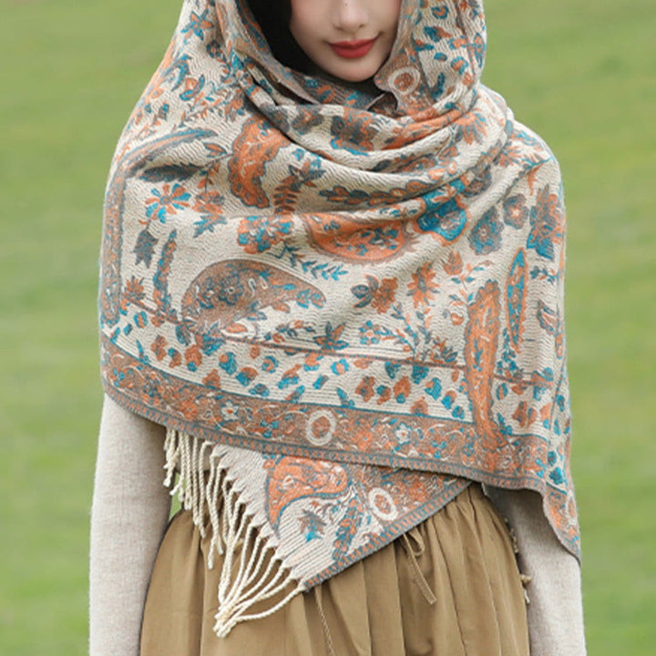 Chal de otoño-invierno suave y acogedor con borlas, hojas, flores de anacardo tibetanas , Buddha Stones y vid