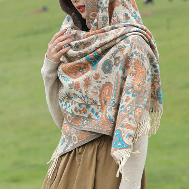 Chal de otoño-invierno suave y acogedor con borlas, hojas, flores de anacardo tibetanas , Buddha Stones y vid