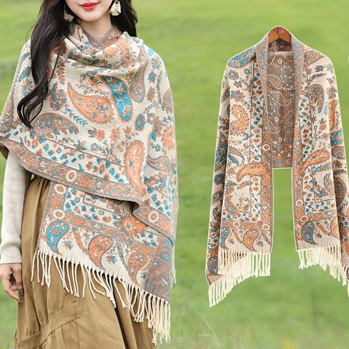 Chal de otoño-invierno suave y acogedor con borlas, hojas, flores de anacardo tibetanas , Buddha Stones y vid