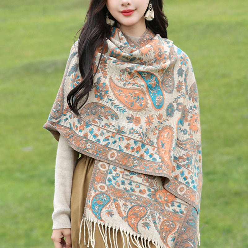 Chal de otoño-invierno suave y acogedor con borlas, hojas, flores de anacardo tibetanas , Buddha Stones y vid
