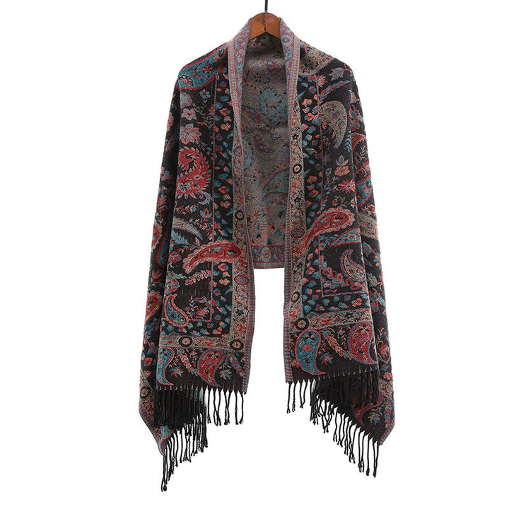 Chal de otoño-invierno suave y acogedor con borlas, hojas, flores de anacardo tibetanas , Buddha Stones y vid