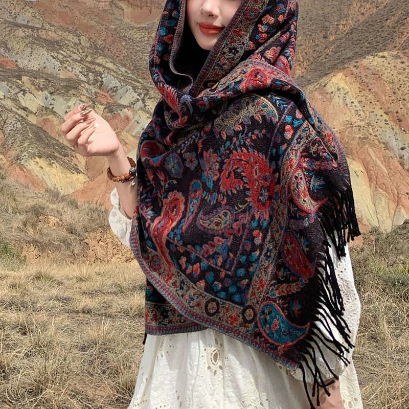 Chal de otoño-invierno suave y acogedor con borlas, hojas, flores de anacardo tibetanas , Buddha Stones y vid
