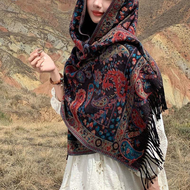 Chal de otoño-invierno suave y acogedor con borlas, hojas, flores de anacardo tibetanas , Buddha Stones y vid
