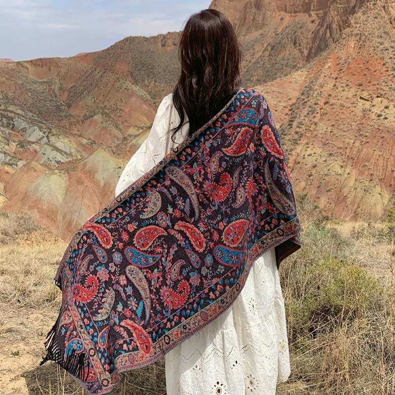 Chal de otoño-invierno suave y acogedor con borlas, hojas, flores de anacardo tibetanas , Buddha Stones y vid