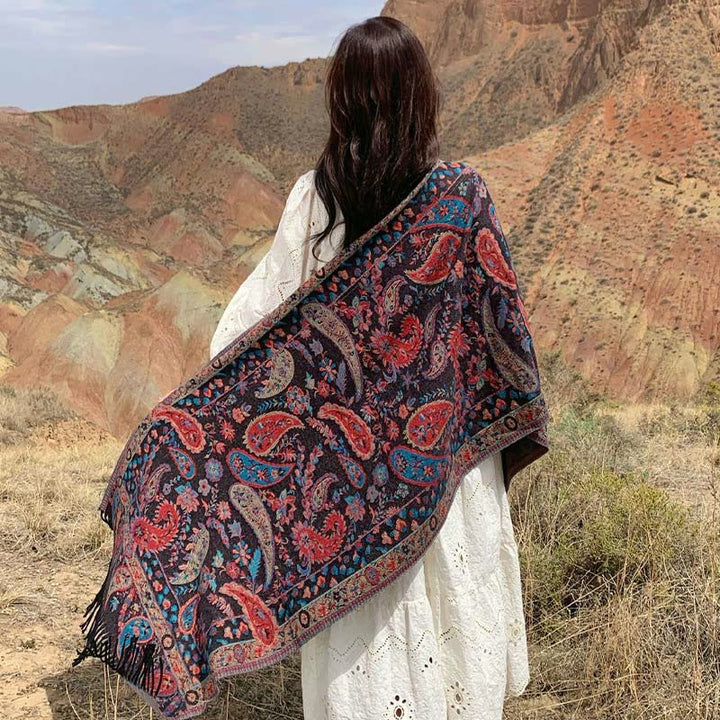 Chal de otoño-invierno suave y acogedor con borlas, hojas, flores de anacardo tibetanas , Buddha Stones y vid