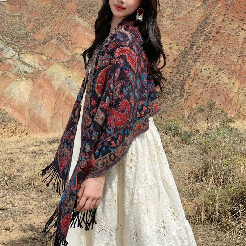 Chal de otoño-invierno suave y acogedor con borlas, hojas, flores de anacardo tibetanas , Buddha Stones y vid