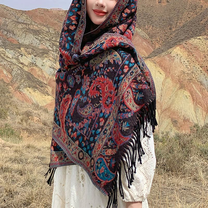 Chal de otoño-invierno suave y acogedor con borlas, hojas, flores de anacardo tibetanas , Buddha Stones y vid