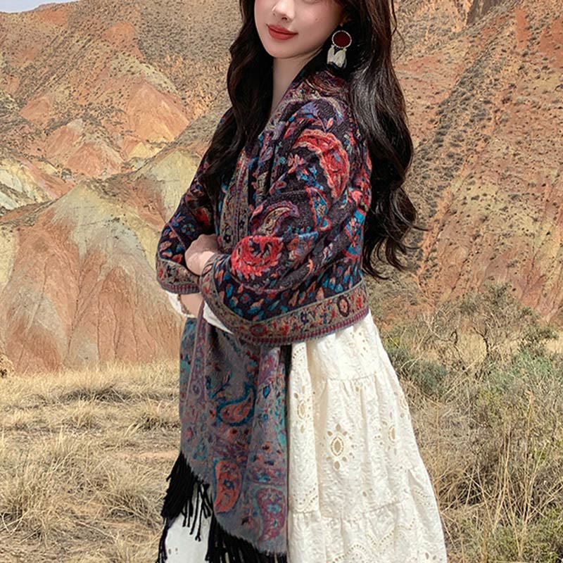 Chal de otoño-invierno suave y acogedor con borlas, hojas, flores de anacardo tibetanas , Buddha Stones y vid