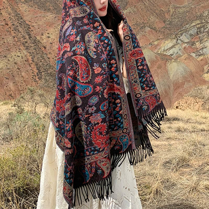 Chal de otoño-invierno suave y acogedor con borlas, hojas, flores de anacardo tibetanas , Buddha Stones y vid