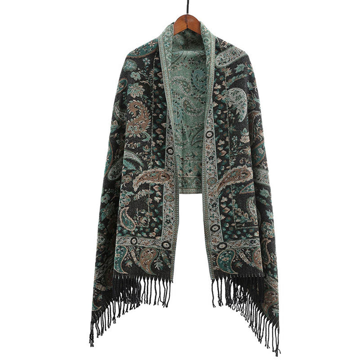 Chal de otoño-invierno suave y acogedor con borlas, hojas, flores de anacardo tibetanas , Buddha Stones y vid