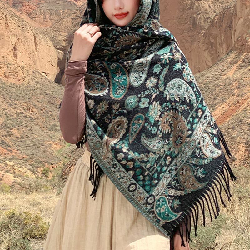 Chal de otoño-invierno suave y acogedor con borlas, hojas, flores de anacardo tibetanas , Buddha Stones y vid
