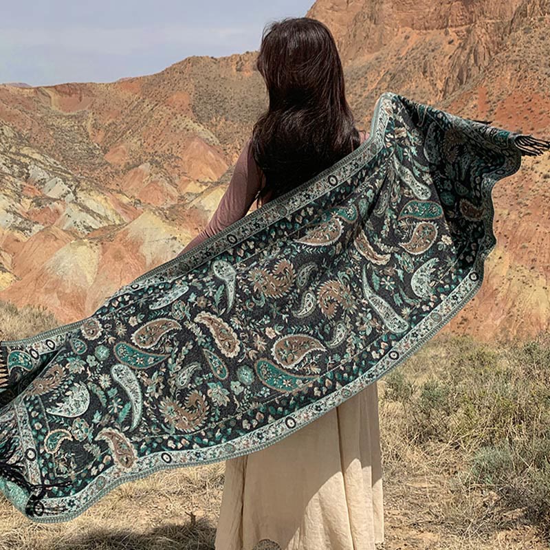 Chal de otoño-invierno suave y acogedor con borlas, hojas, flores de anacardo tibetanas , Buddha Stones y vid