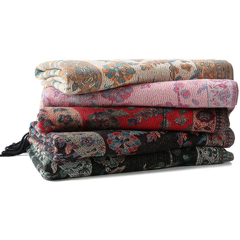 Chal de otoño-invierno suave y acogedor con borlas, hojas, flores de anacardo tibetanas , Buddha Stones y vid