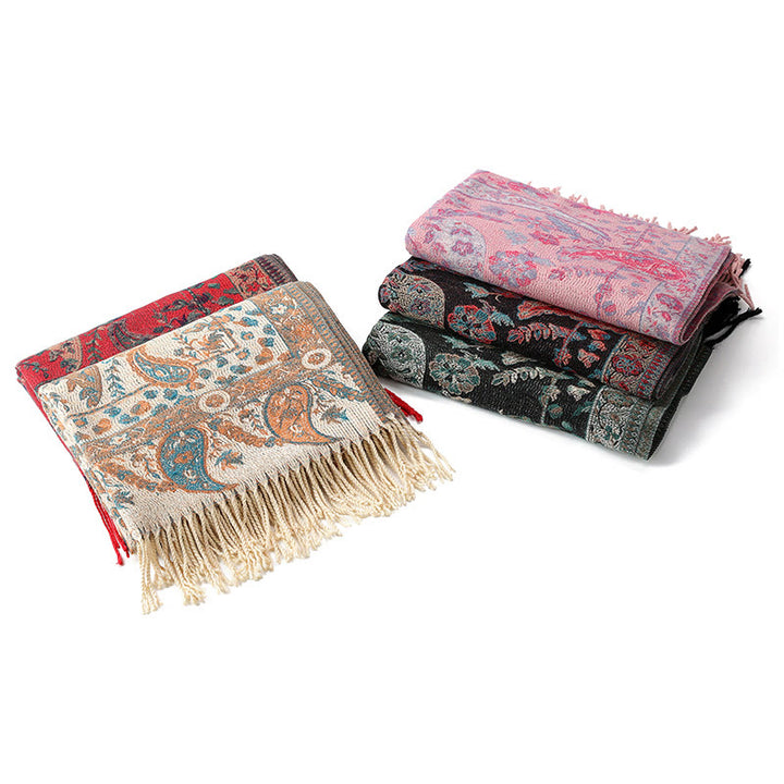 Chal de otoño-invierno suave y acogedor con borlas, hojas, flores de anacardo tibetanas , Buddha Stones y vid