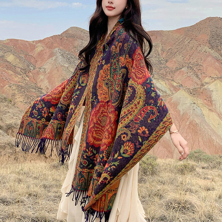 Chal de borlas con flores de peonía y anacardo tibetano , Buddha Stones , para otoño e invierno, bufanda acogedora