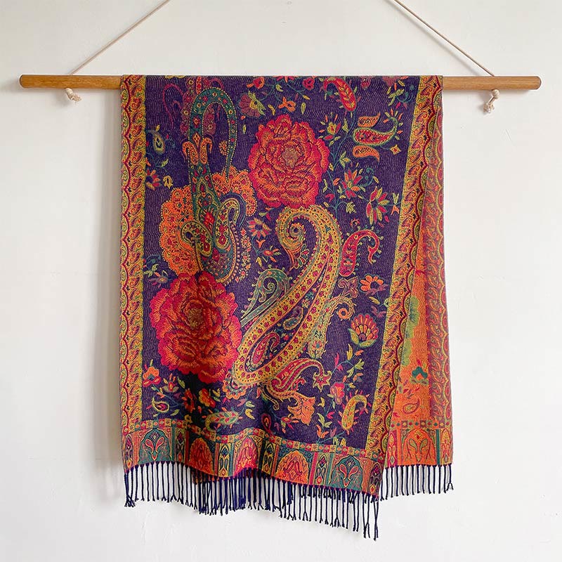 Chal de borlas con flores de peonía y anacardo tibetano , Buddha Stones , para otoño e invierno, bufanda acogedora