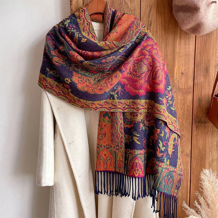 Chal de borlas con flores de peonía y anacardo tibetano , Buddha Stones , para otoño e invierno, bufanda acogedora