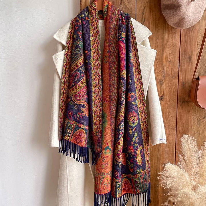 Chal de borlas con flores de peonía y anacardo tibetano , Buddha Stones , para otoño e invierno, bufanda acogedora