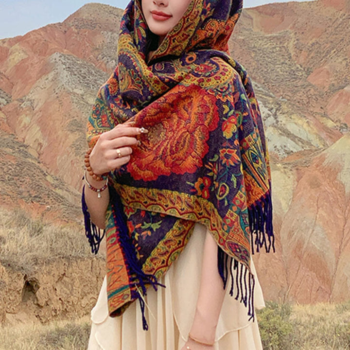 Chal de borlas con flores de peonía y anacardo tibetano , Buddha Stones , para otoño e invierno, bufanda acogedora