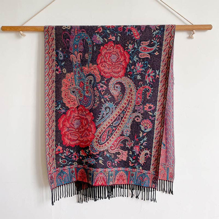 Chal de borlas con flores de peonía y anacardo tibetano , Buddha Stones , para otoño e invierno, bufanda acogedora