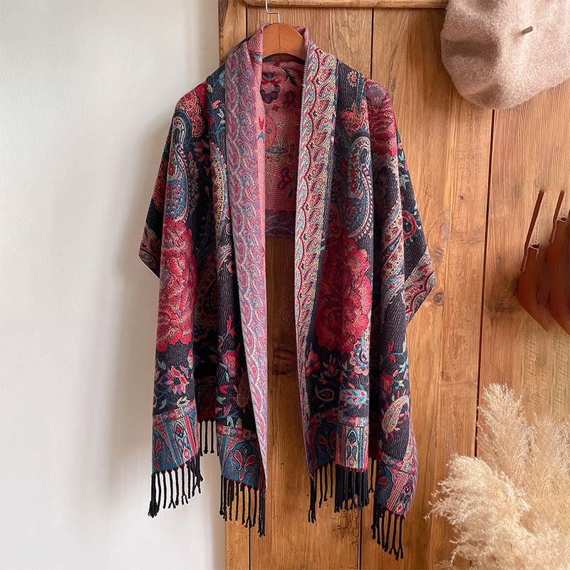 Chal de borlas con flores de peonía y anacardo tibetano , Buddha Stones , para otoño e invierno, bufanda acogedora