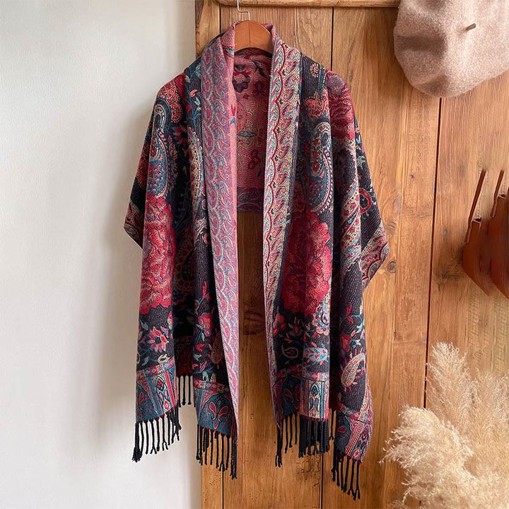Chal de borlas con flores de peonía y anacardo tibetano , Buddha Stones , para otoño e invierno, bufanda acogedora