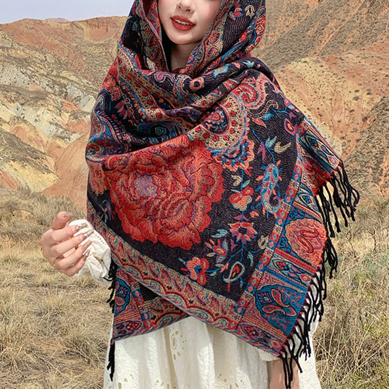 Chal de borlas con flores de peonía y anacardo tibetano , Buddha Stones , para otoño e invierno, bufanda acogedora