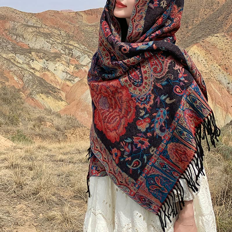 Chal de borlas con flores de peonía y anacardo tibetano , Buddha Stones , para otoño e invierno, bufanda acogedora