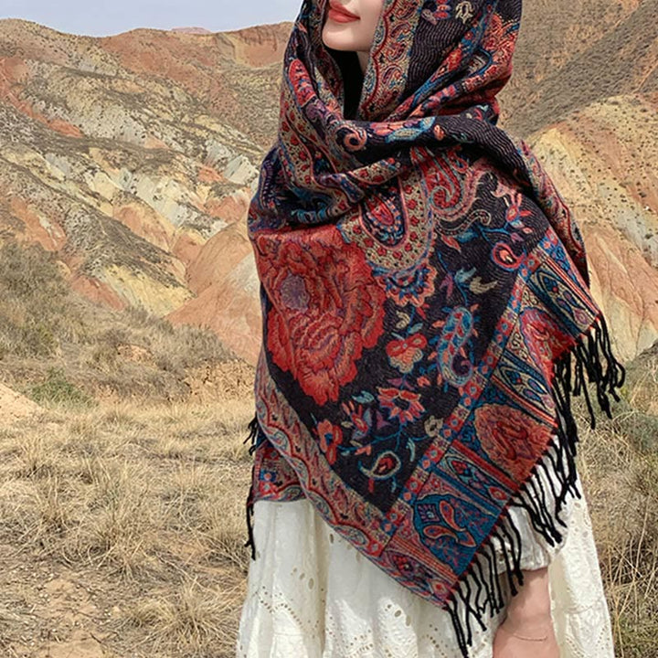 Chal de borlas con flores de peonía y anacardo tibetano , Buddha Stones , para otoño e invierno, bufanda acogedora
