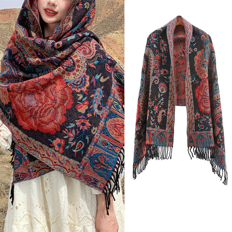 Chal de borlas con flores de peonía y anacardo tibetano , Buddha Stones , para otoño e invierno, bufanda acogedora