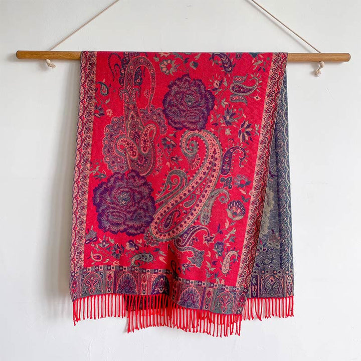 Chal de borlas con flores de peonía y anacardo tibetano , Buddha Stones , para otoño e invierno, bufanda acogedora