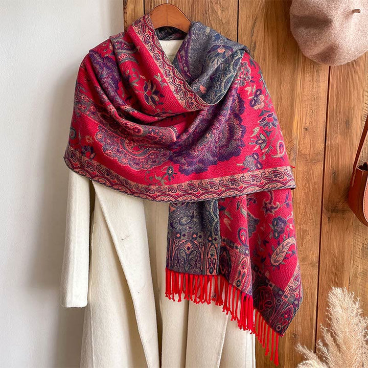 Chal de borlas con flores de peonía y anacardo tibetano , Buddha Stones , para otoño e invierno, bufanda acogedora