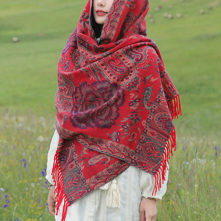Chal de borlas con flores de peonía y anacardo tibetano , Buddha Stones , para otoño e invierno, bufanda acogedora