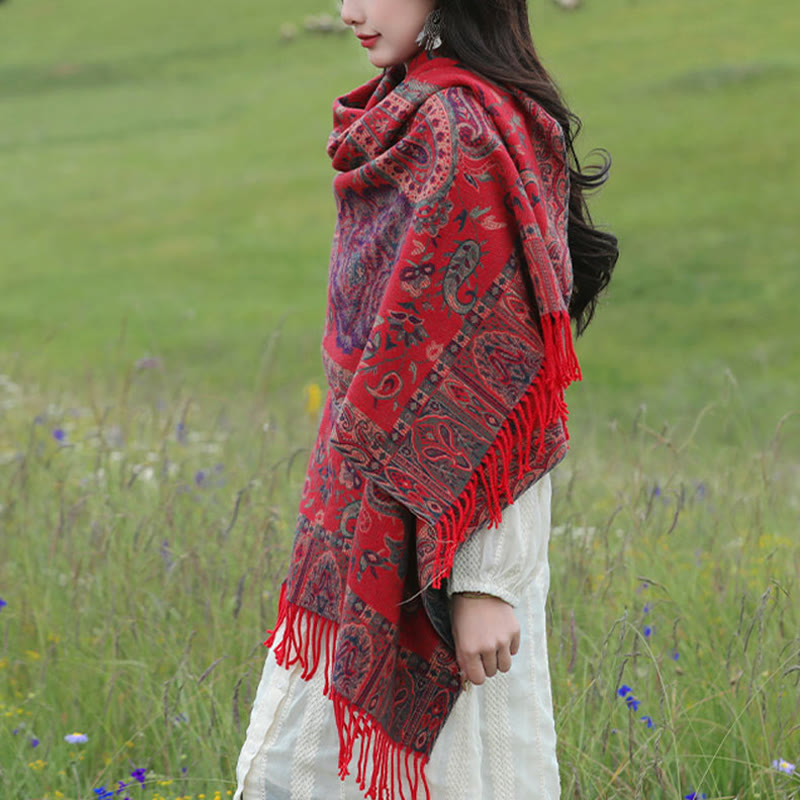 Chal de borlas con flores de peonía y anacardo tibetano , Buddha Stones , para otoño e invierno, bufanda acogedora