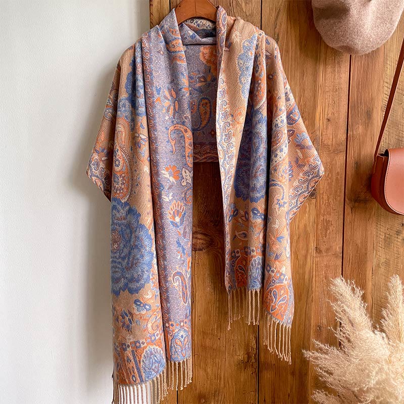 Chal de borlas con flores de peonía y anacardo tibetano , Buddha Stones , para otoño e invierno, bufanda acogedora