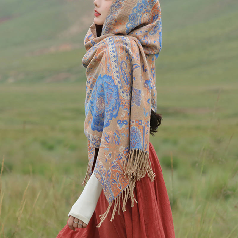 Chal de borlas con flores de peonía y anacardo tibetano , Buddha Stones , para otoño e invierno, bufanda acogedora