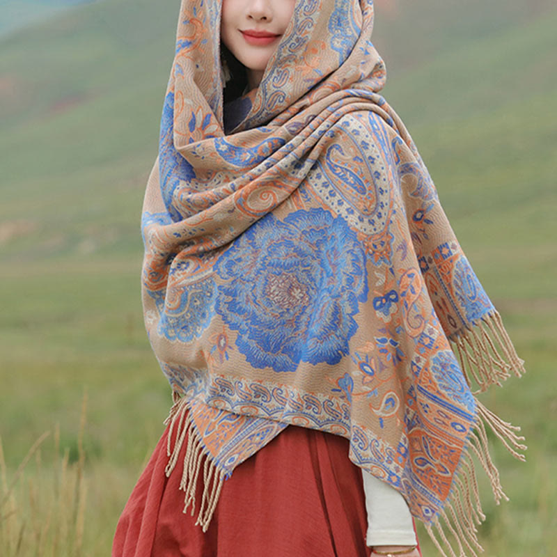 Chal de borlas con flores de peonía y anacardo tibetano , Buddha Stones , para otoño e invierno, bufanda acogedora