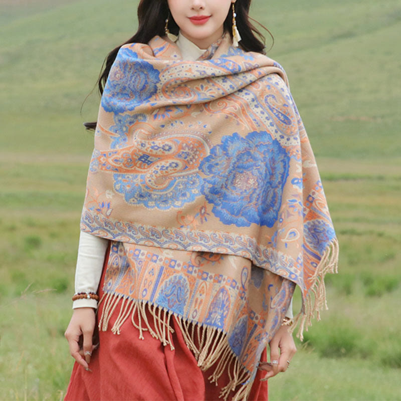 Chal de borlas con flores de peonía y anacardo tibetano , Buddha Stones , para otoño e invierno, bufanda acogedora