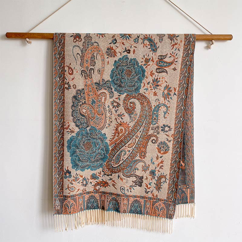 Chal de borlas con flores de peonía y anacardo tibetano , Buddha Stones , para otoño e invierno, bufanda acogedora