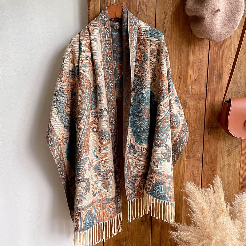 Chal de borlas con flores de peonía y anacardo tibetano , Buddha Stones , para otoño e invierno, bufanda acogedora