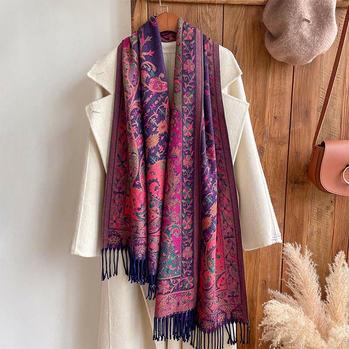 Chal de borlas con diseño de flores de anacardo tibetanas y Buddha Stones para otoño e invierno, bufanda suave