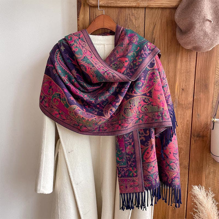 Chal de borlas con diseño de flores de anacardo tibetanas y Buddha Stones para otoño e invierno, bufanda suave
