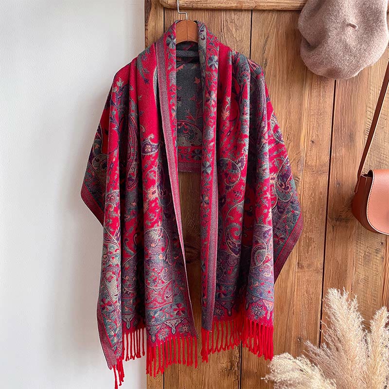 Chal de borlas con diseño de flores de anacardo tibetanas y Buddha Stones para otoño e invierno, bufanda suave