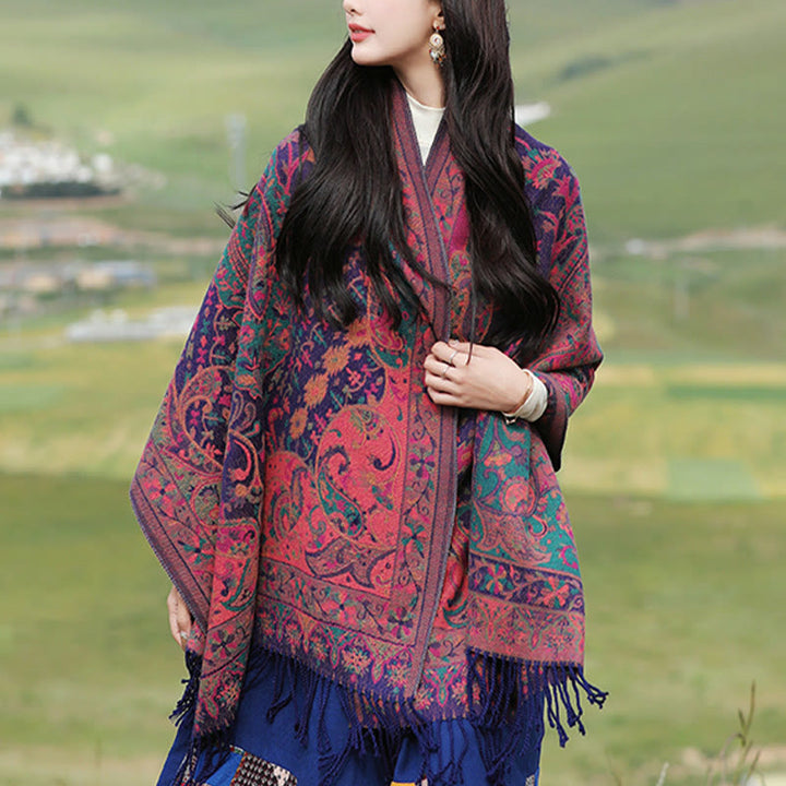 Chal de borlas con diseño de flores de anacardo tibetanas y Buddha Stones para otoño e invierno, bufanda suave