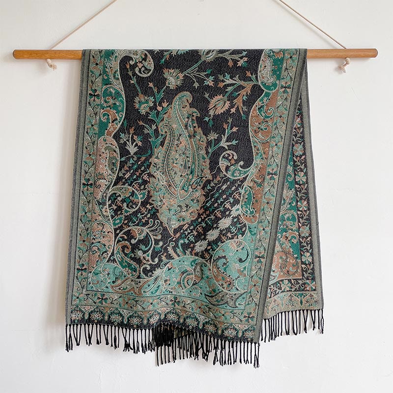 Chal de borlas con diseño de flores de anacardo tibetanas y Buddha Stones para otoño e invierno, bufanda suave