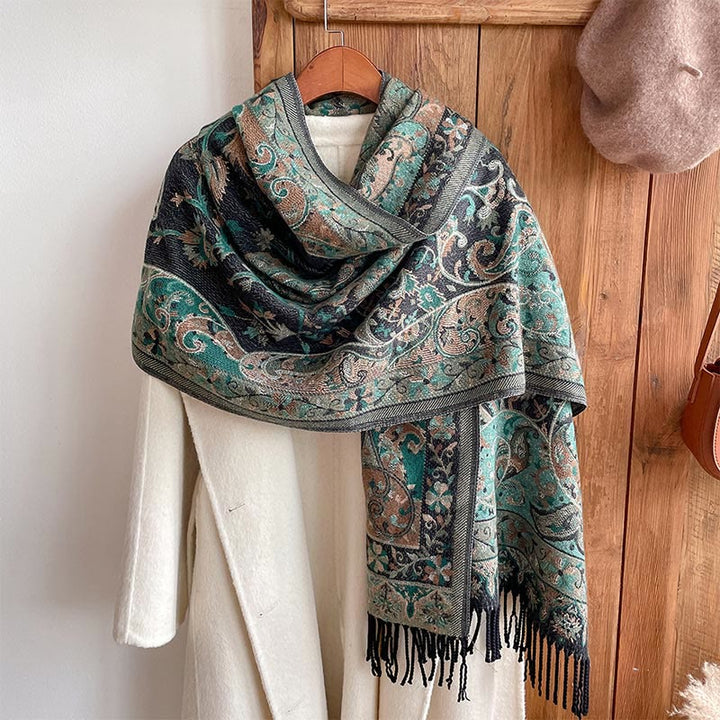 Chal de borlas con diseño de flores de anacardo tibetanas y Buddha Stones para otoño e invierno, bufanda suave