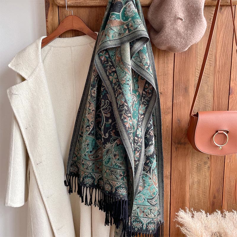 Chal de borlas con diseño de flores de anacardo tibetanas y Buddha Stones para otoño e invierno, bufanda suave